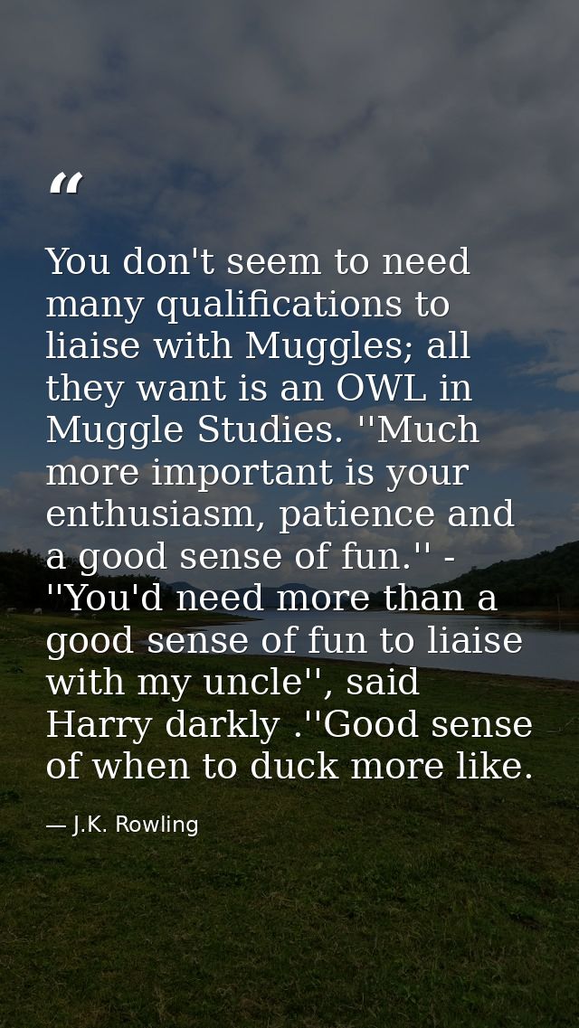 You don't seem to need many qualifications to liaise with Muggles; all they want is an OWL in Muggle Studies. ''Much mor — J.K. Rowling