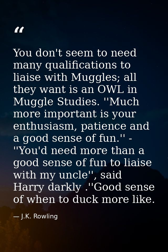 You don't seem to need many qualifications to liaise with Muggles; all they want is an OWL in Muggle Studies. ''Much mor — J.K. Rowling