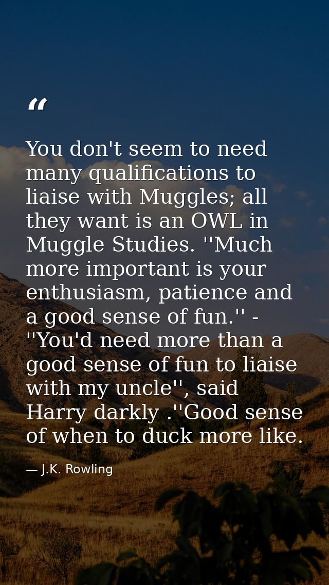 You don't seem to need many qualifications to liaise with Muggles; all they want is an OWL in Muggle Studies. ''Much mor — J.K. Rowling