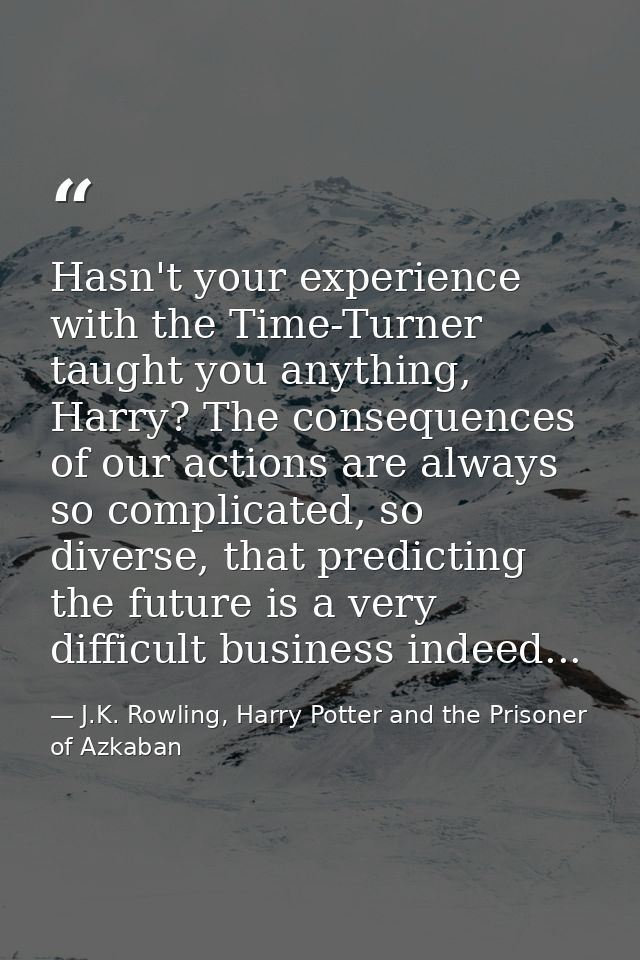 Hasn't your experience with the Time-Turner taught you anything, Harry? The consequences of our actions are always so co — J.K. Rowling, Harry Potter and the Prisoner of Azkaban