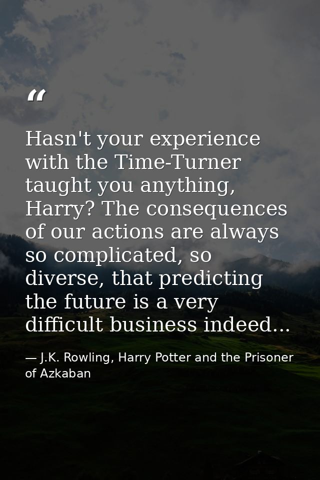 Hasn't your experience with the Time-Turner taught you anything, Harry? The consequences of our actions are always so co — J.K. Rowling, Harry Potter and the Prisoner of Azkaban