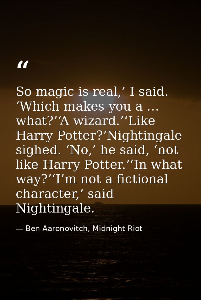 So magic is real,’ I said. ‘Which makes you a … what?’‘A wizard.’‘Like Harry Potter?’Nightingale sighed. ‘No,’ he said,  — Ben Aaronovitch, Midnight Riot