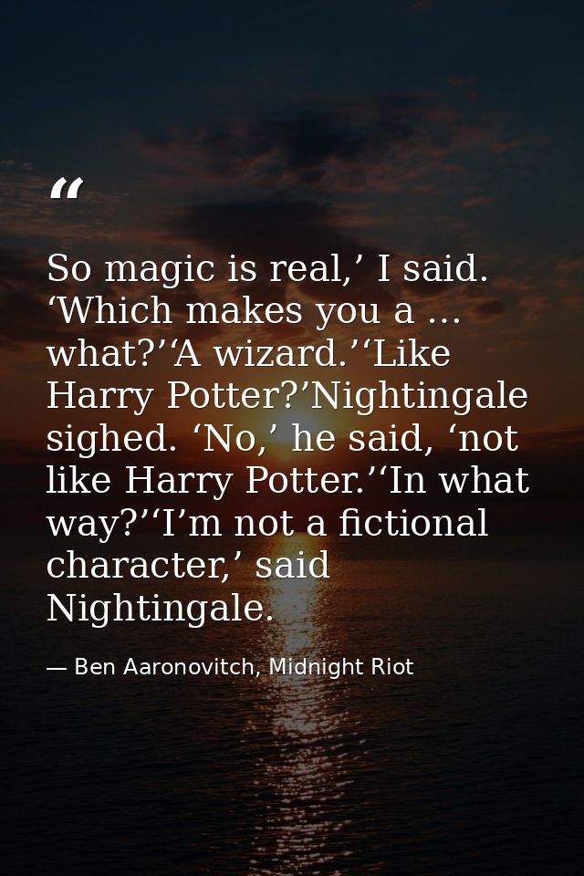 So magic is real,’ I said. ‘Which makes you a … what?’‘A wizard.’‘Like Harry Potter?’Nightingale sighed. ‘No,’ he said,  — Ben Aaronovitch, Midnight Riot