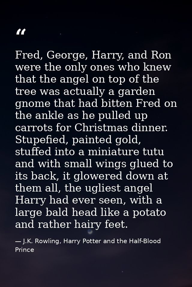 Fred, George, Harry, and Ron were the only ones who knew that the angel on top of the tree was actually a garden gnome t — J.K. Rowling, Harry Potter and the Half-Blood Prince