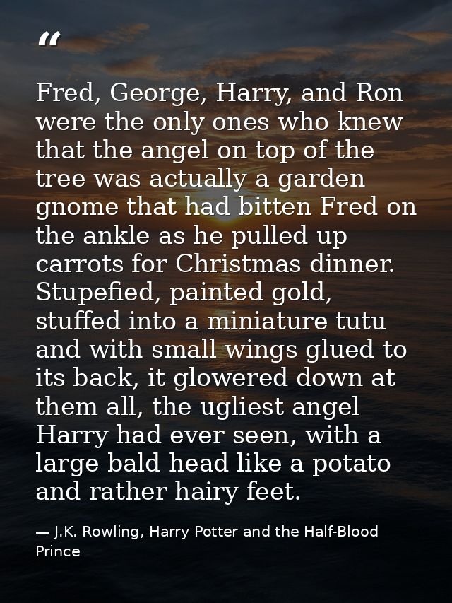 Fred, George, Harry, and Ron were the only ones who knew that the angel on top of the tree was actually a garden gnome t — J.K. Rowling, Harry Potter and the Half-Blood Prince
