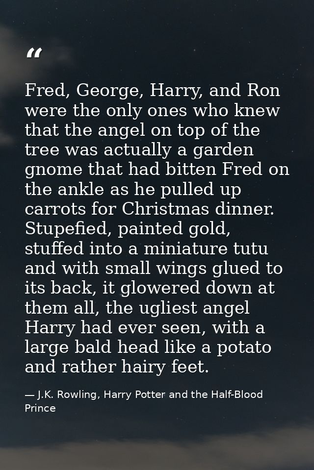 Fred, George, Harry, and Ron were the only ones who knew that the angel on top of the tree was actually a garden gnome t — J.K. Rowling, Harry Potter and the Half-Blood Prince