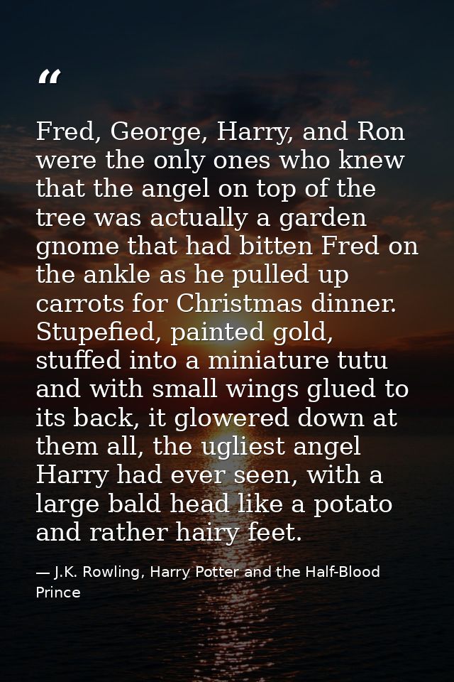Fred, George, Harry, and Ron were the only ones who knew that the angel on top of the tree was actually a garden gnome t — J.K. Rowling, Harry Potter and the Half-Blood Prince
