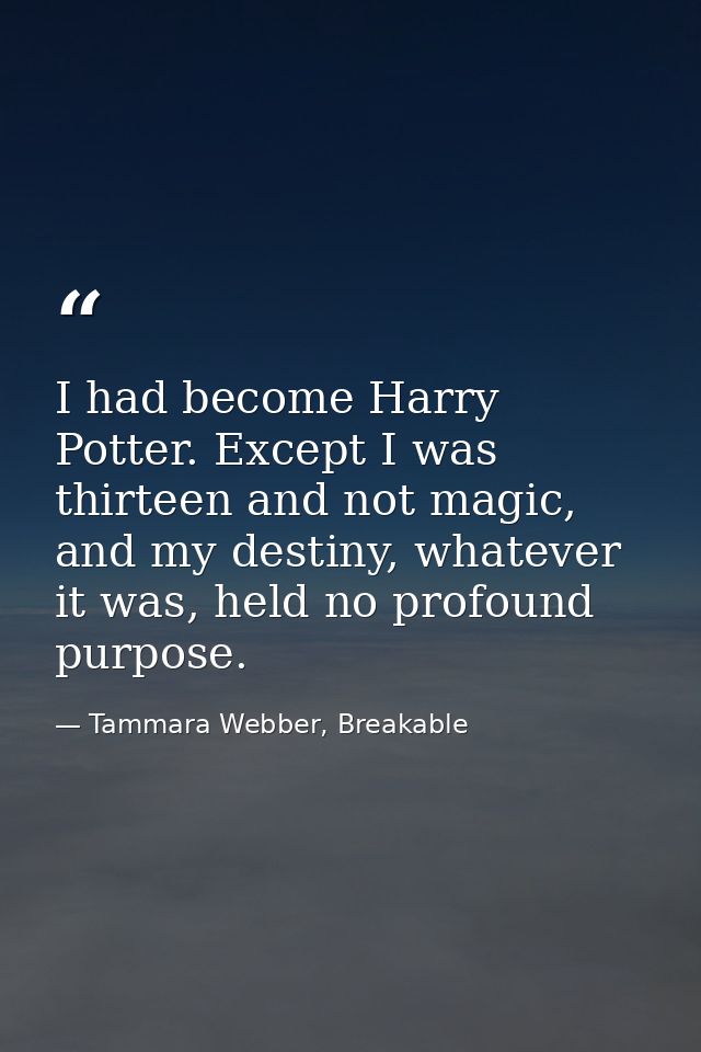 I had become Harry Potter. Except I was thirteen and not magic, and my destiny, whatever it was, held no profound purpos — Tammara Webber, Breakable