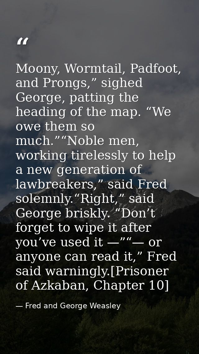 Moony, Wormtail, Padfoot, and Prongs,” sighed George, patting the heading of the map. “We owe them so much.”“Noble men,  — Fred and George Weasley