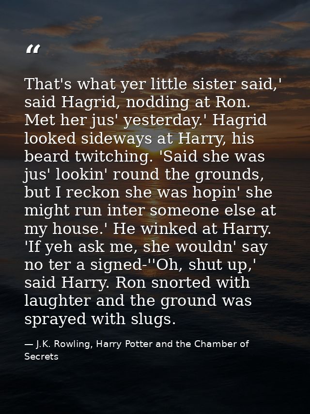 That's what yer little sister said,' said Hagrid, nodding at Ron. Met her jus' yesterday.' Hagrid looked sideways at Har — J.K. Rowling, Harry Potter and the Chamber of Secrets