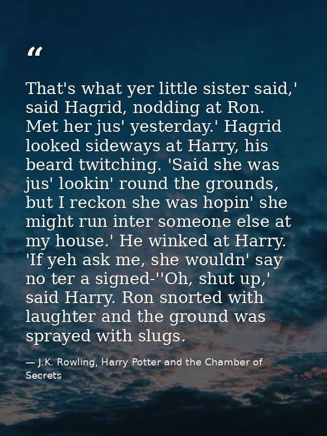 That's what yer little sister said,' said Hagrid, nodding at Ron. Met her jus' yesterday.' Hagrid looked sideways at Har — J.K. Rowling, Harry Potter and the Chamber of Secrets