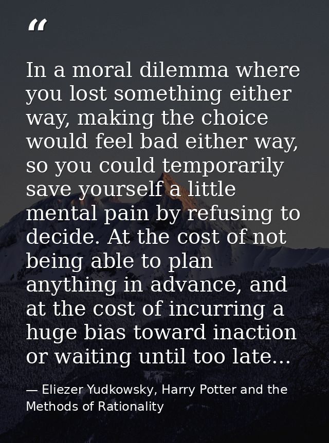 In a moral dilemma where you lost something either way, making the choice would feel bad either way, so you could tempor — Eliezer Yudkowsky, Harry Potter and the Methods of Rationality