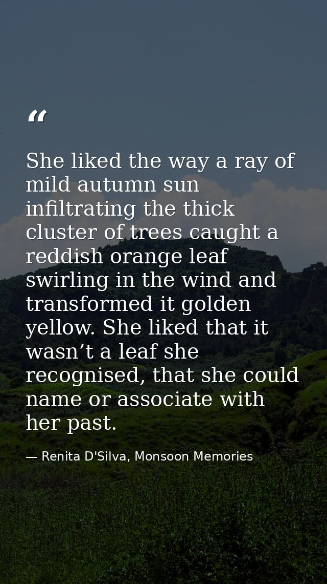 She liked the way a ray of mild autumn sun infiltrating the thick cluster of trees caught a reddish orange leaf swirling — Renita D'Silva, Monsoon Memories