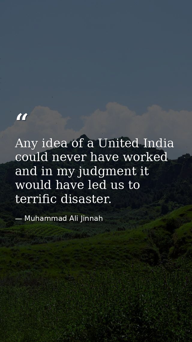 Any idea of a United India could never have worked and in my judgment it would have led us to terrific disaster. — Muhammad Ali Jinnah