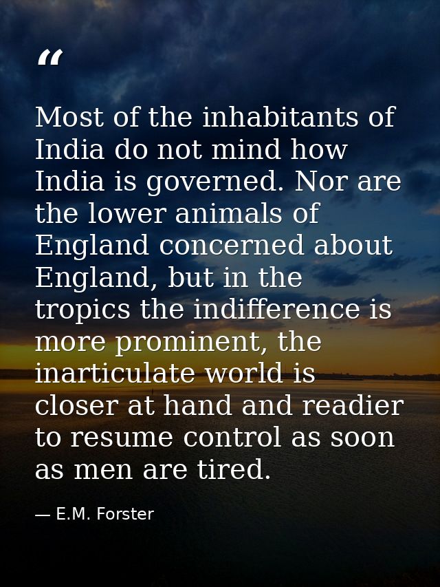 Most of the inhabitants of India do not mind how India is governed. Nor are the lower animals of England concerned about — E.M. Forster