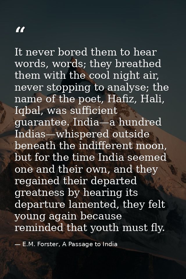 It never bored them to hear words, words; they breathed them with the cool night air, never stopping to analyse; the nam — E.M. Forster, A Passage to India