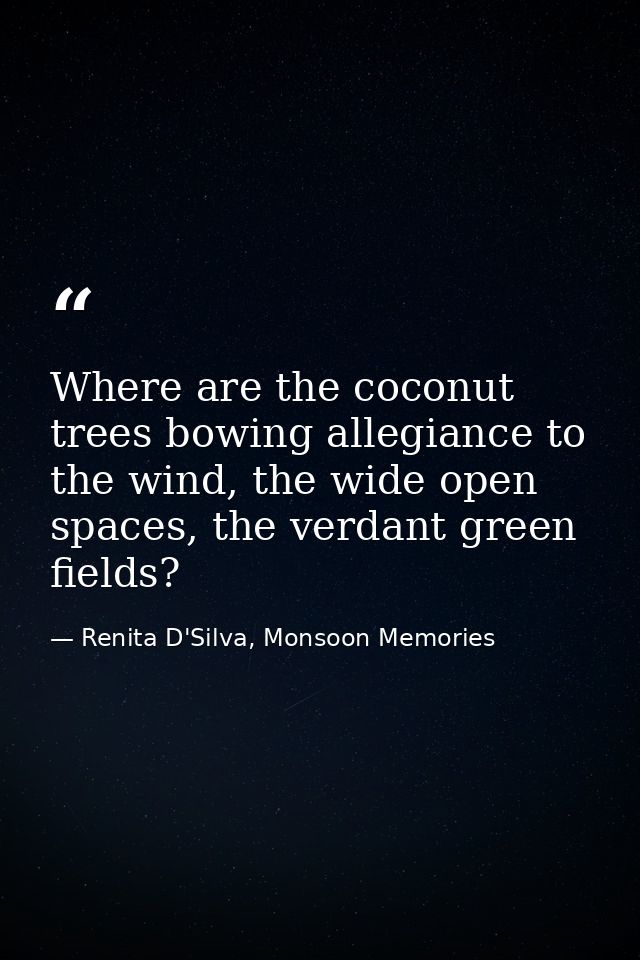 Where are the coconut trees bowing allegiance to the wind, the wide open spaces, the verdant green fields? — Renita D'Silva, Monsoon Memories