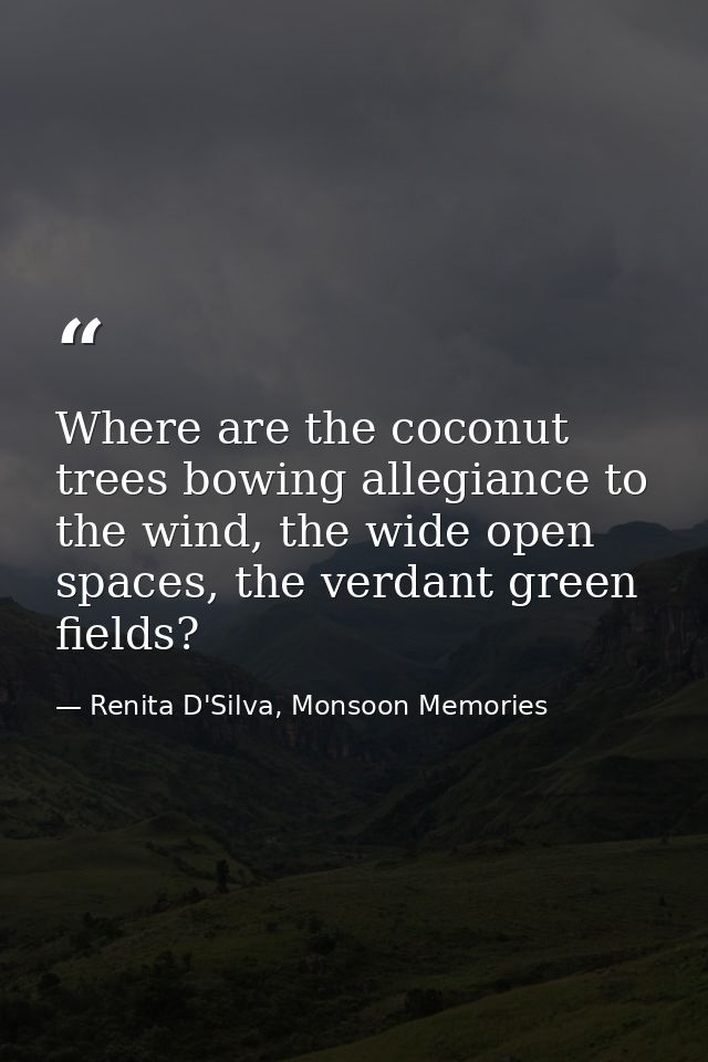 Where are the coconut trees bowing allegiance to the wind, the wide open spaces, the verdant green fields? — Renita D'Silva, Monsoon Memories