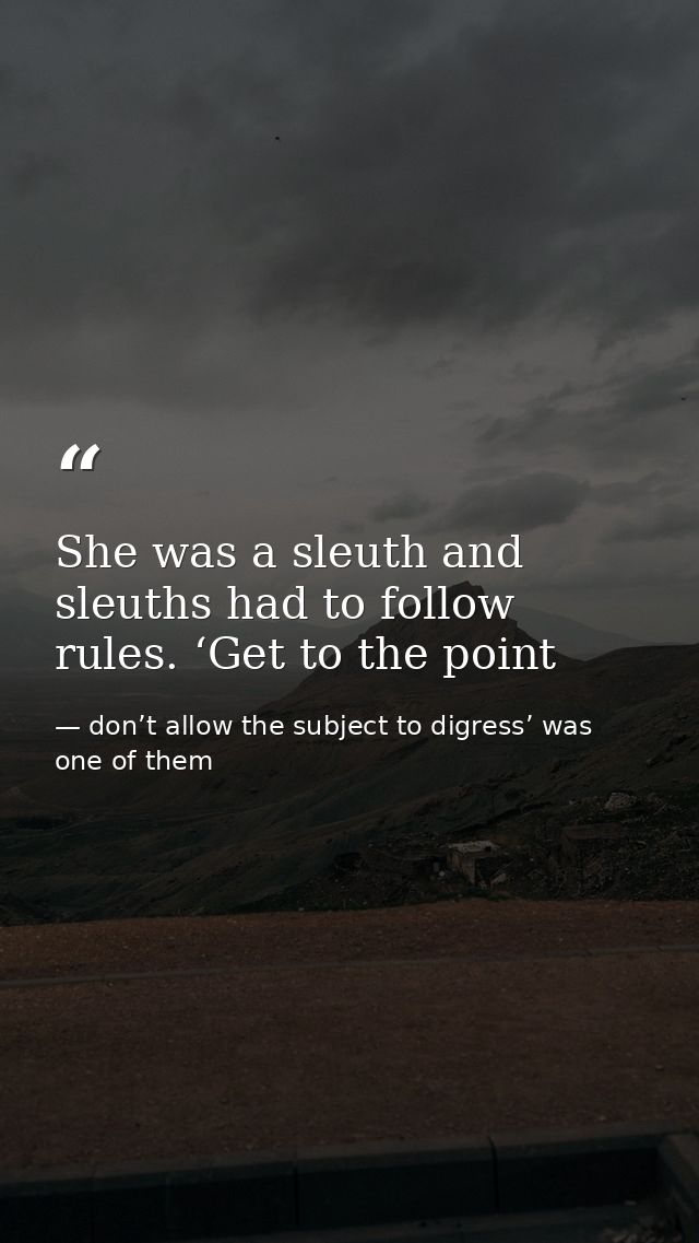She was a sleuth and sleuths had to follow rules. ‘Get to the point — don’t allow the subject to digress’ was one of them