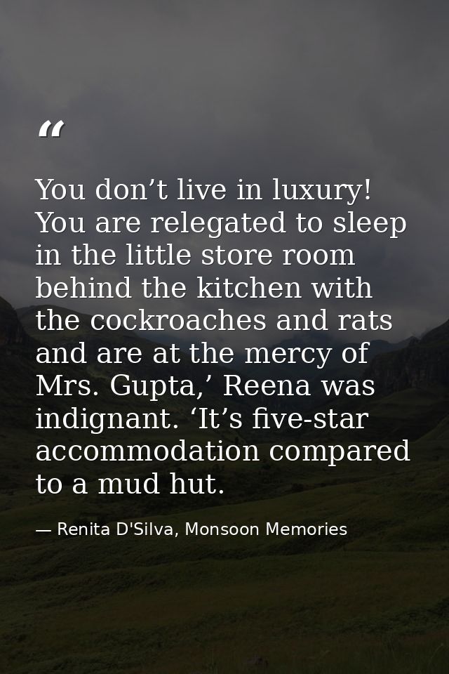 You don’t live in luxury! You are relegated to sleep in the little store room behind the kitchen with the cockroaches an — Renita D'Silva, Monsoon Memories