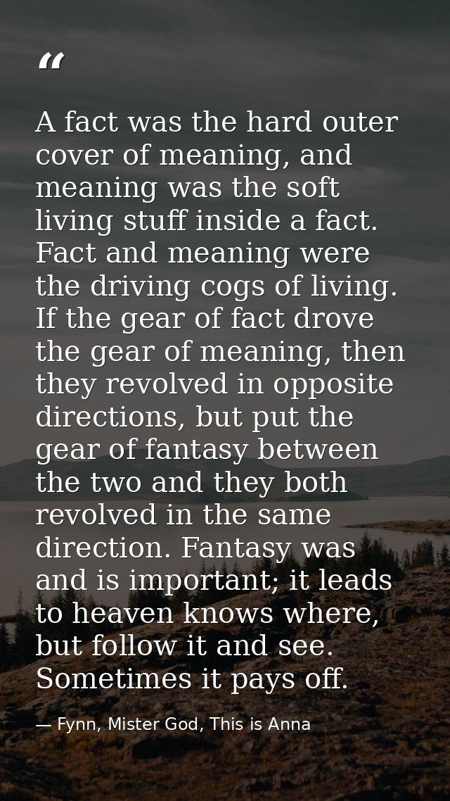 A fact was the hard outer cover of meaning, and meaning was the soft living stuff inside a fact. Fact and meaning were t — Fynn, Mister God, This is Anna