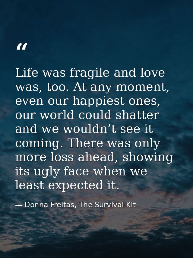 Life was fragile and love was, too. At any moment, even our happiest ones, our world could shatter and we wouldn’t see i — Donna Freitas, The Survival Kit