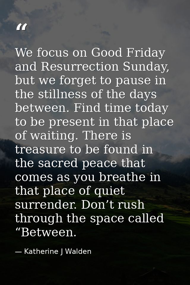 We focus on Good Friday and Resurrection Sunday, but we forget to pause in the stillness of the days between. Find time  — Katherine J Walden