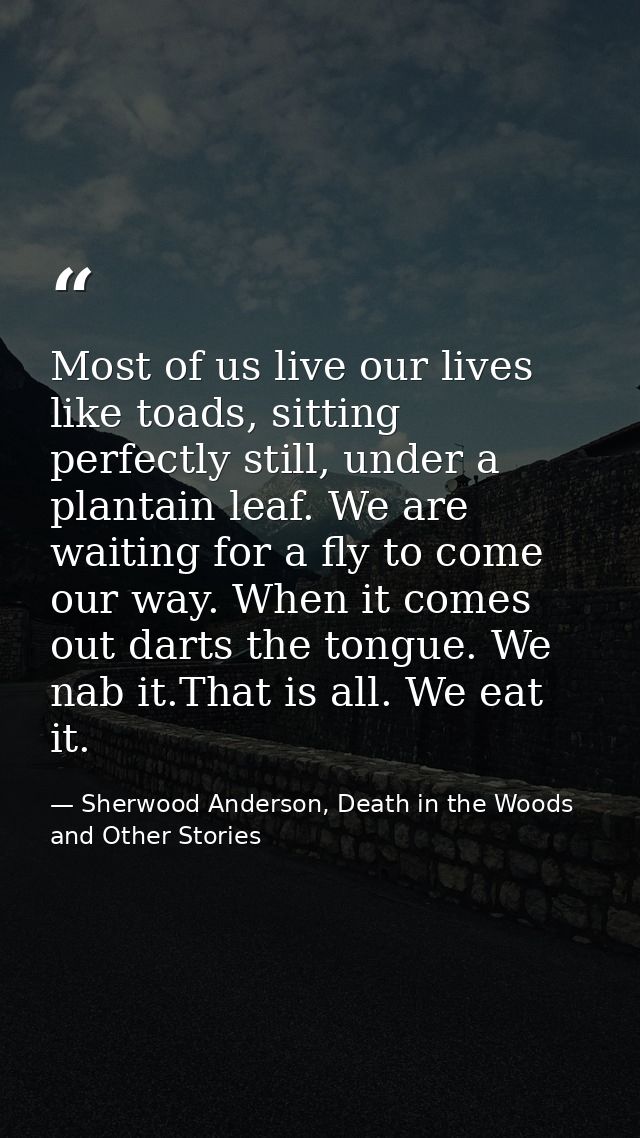 Most of us live our lives like toads, sitting perfectly still, under a plantain leaf. We are waiting for a fly to come o — Sherwood Anderson, Death in the Woods and Other Stories