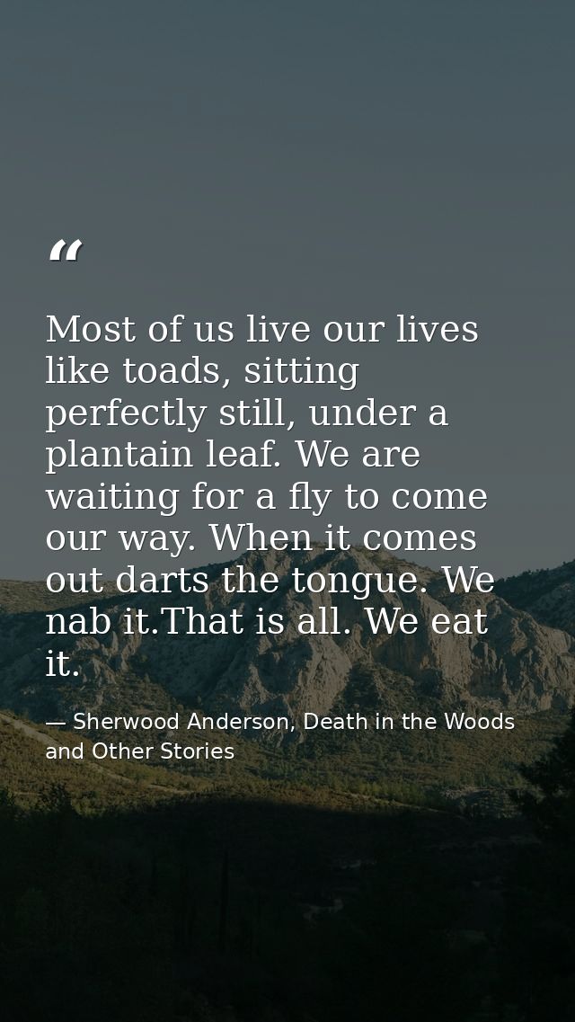 Most of us live our lives like toads, sitting perfectly still, under a plantain leaf. We are waiting for a fly to come o — Sherwood Anderson, Death in the Woods and Other Stories