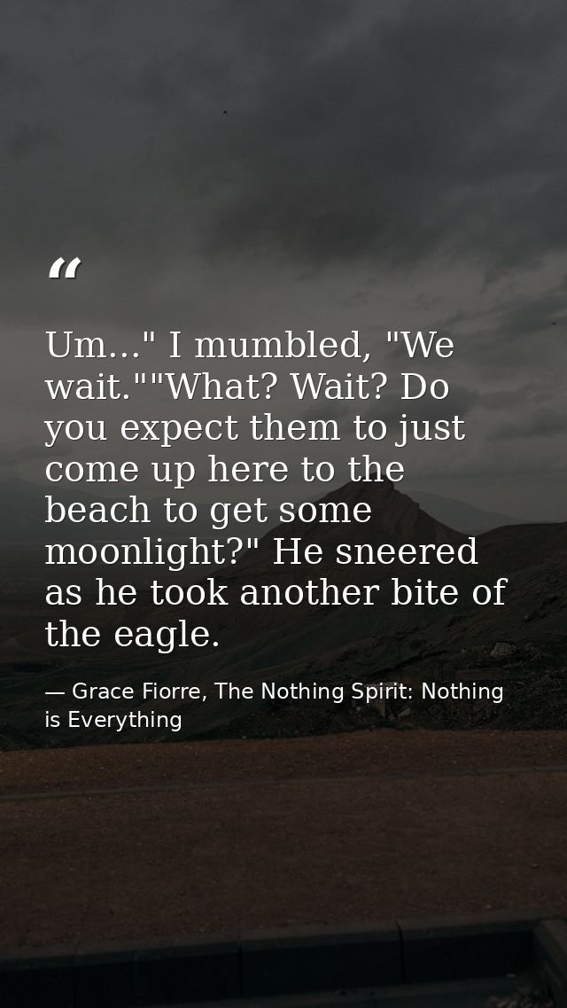 Um..." I mumbled, "We wait.""What? Wait? Do you expect them to just come up here to the beach to get some moonlight?" He — Grace Fiorre, The Nothing Spirit: Nothing is Everything