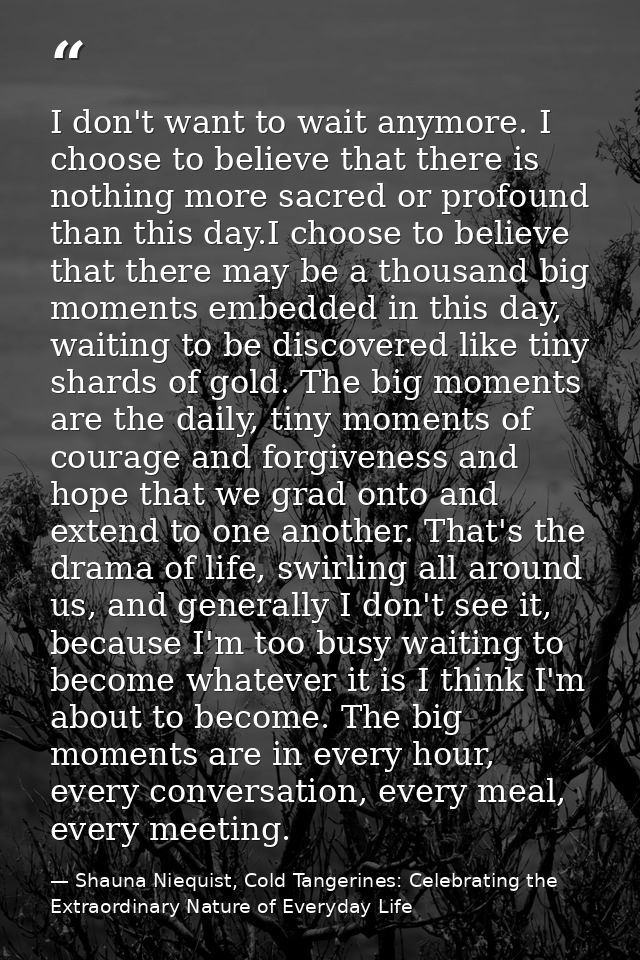 I don't want to wait anymore. I choose to believe that there is nothing more sacred or profound than this day.I choose t — Shauna Niequist, Cold Tangerines: Celebrating the Extraordinary Nature of Everyday Life