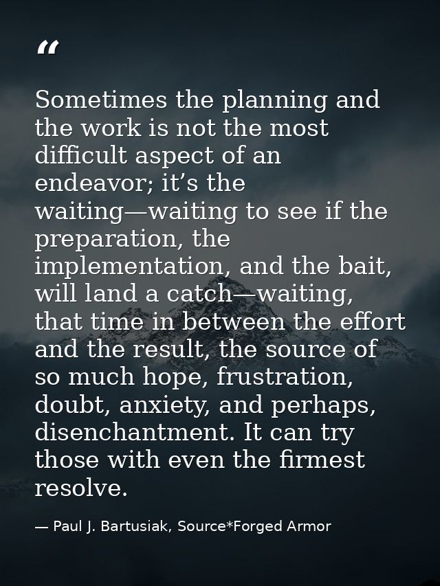 Sometimes the planning and the work is not the most difficult aspect of an endeavor; it’s the waiting—waiting to see if  — Paul J. Bartusiak, Source*Forged Armor