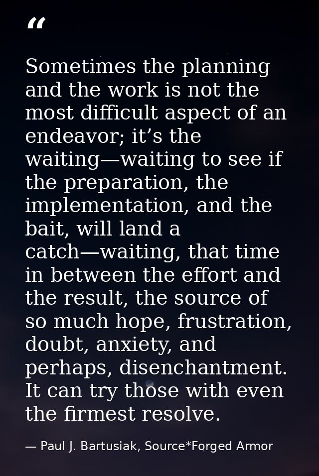 Sometimes the planning and the work is not the most difficult aspect of an endeavor; it’s the waiting—waiting to see if  — Paul J. Bartusiak, Source*Forged Armor