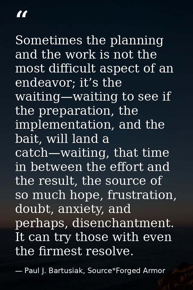 Sometimes the planning and the work is not the most difficult aspect of an endeavor; it’s the waiting—waiting to see if  — Paul J. Bartusiak, Source*Forged Armor