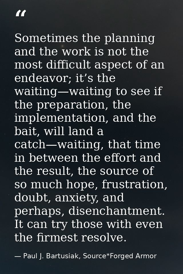 Sometimes the planning and the work is not the most difficult aspect of an endeavor; it’s the waiting—waiting to see if  — Paul J. Bartusiak, Source*Forged Armor