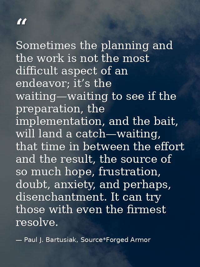 Sometimes the planning and the work is not the most difficult aspect of an endeavor; it’s the waiting—waiting to see if  — Paul J. Bartusiak, Source*Forged Armor