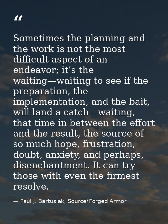 Sometimes the planning and the work is not the most difficult aspect of an endeavor; it’s the waiting—waiting to see if  — Paul J. Bartusiak, Source*Forged Armor