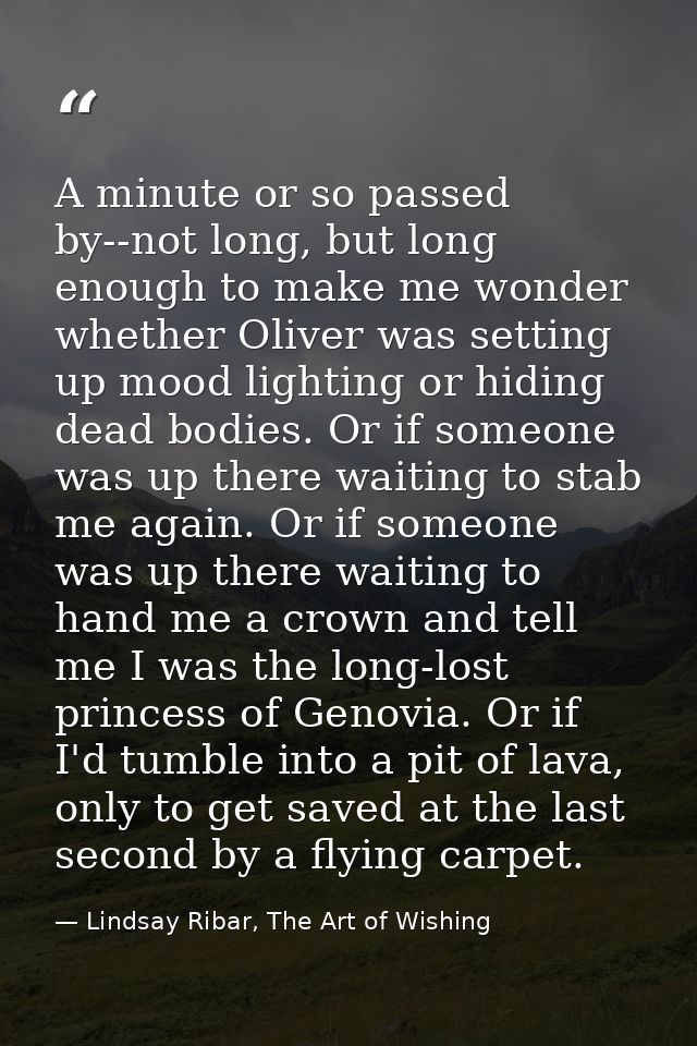 A minute or so passed by--not long, but long enough to make me wonder whether Oliver was setting up mood lighting or hid — Lindsay Ribar, The Art of Wishing