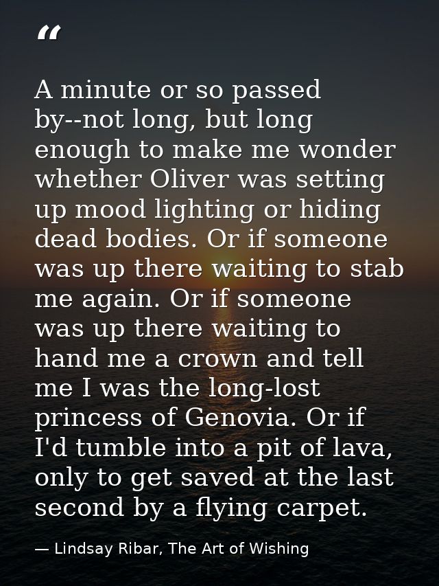 A minute or so passed by--not long, but long enough to make me wonder whether Oliver was setting up mood lighting or hid — Lindsay Ribar, The Art of Wishing