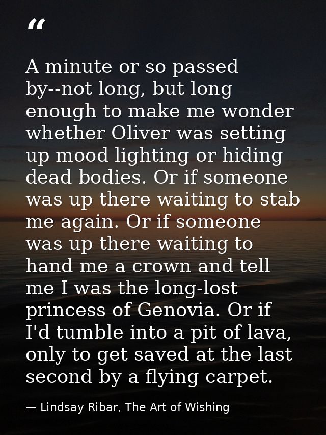 A minute or so passed by--not long, but long enough to make me wonder whether Oliver was setting up mood lighting or hid — Lindsay Ribar, The Art of Wishing