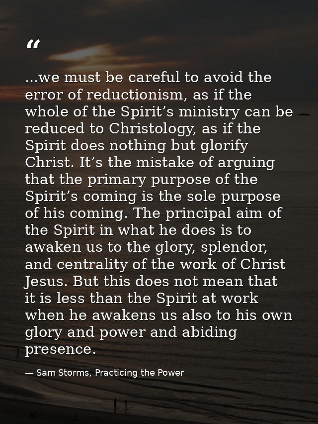 ...we must be careful to avoid the error of reductionism, as if the whole of the Spirit’s ministry can be reduced to Chr — Sam Storms, Practicing the Power
