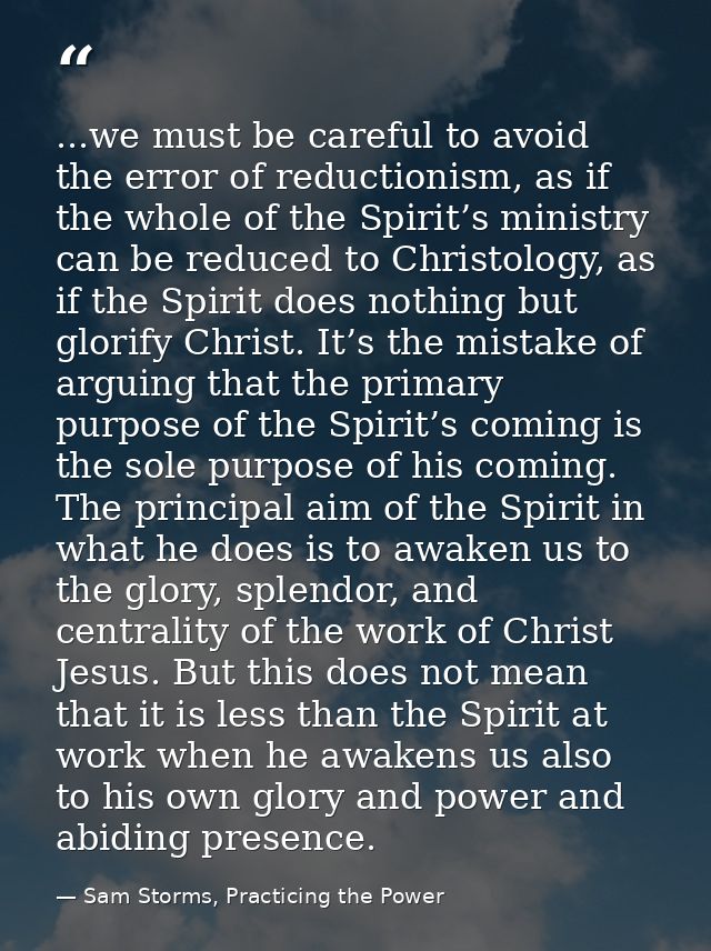 ...we must be careful to avoid the error of reductionism, as if the whole of the Spirit’s ministry can be reduced to Chr — Sam Storms, Practicing the Power