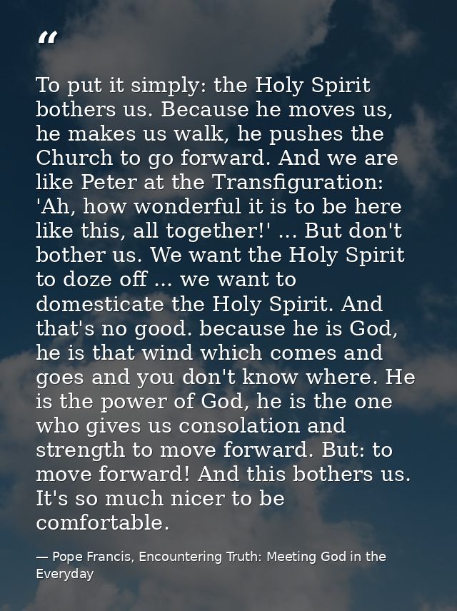 To put it simply: the Holy Spirit bothers us. Because he moves us, he makes us walk, he pushes the Church to go forward. — Pope Francis, Encountering Truth: Meeting God in the Everyday