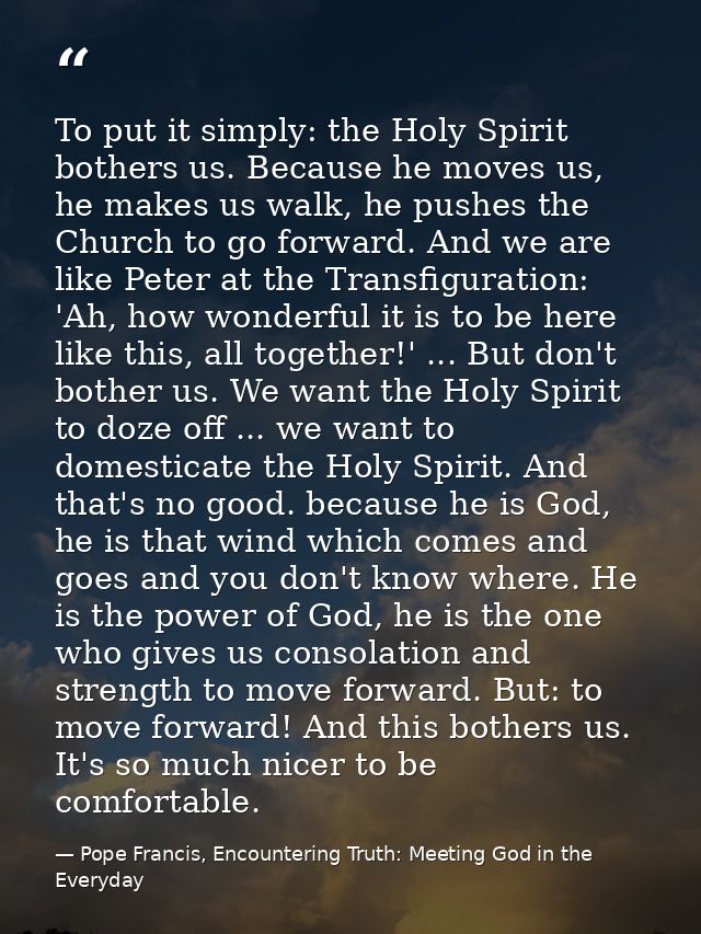 To put it simply: the Holy Spirit bothers us. Because he moves us, he makes us walk, he pushes the Church to go forward. — Pope Francis, Encountering Truth: Meeting God in the Everyday