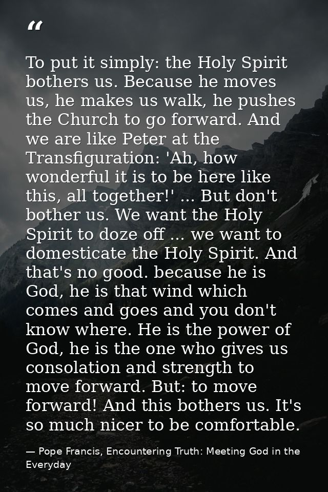 To put it simply: the Holy Spirit bothers us. Because he moves us, he makes us walk, he pushes the Church to go forward. — Pope Francis, Encountering Truth: Meeting God in the Everyday