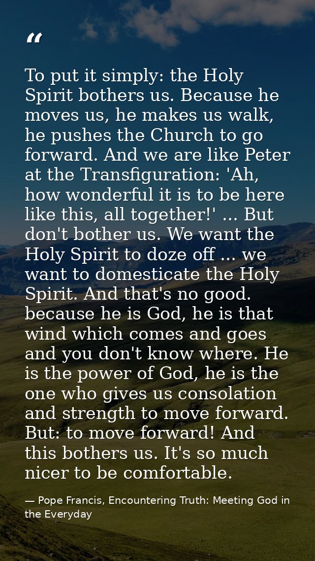 To put it simply: the Holy Spirit bothers us. Because he moves us, he makes us walk, he pushes the Church to go forward. — Pope Francis, Encountering Truth: Meeting God in the Everyday