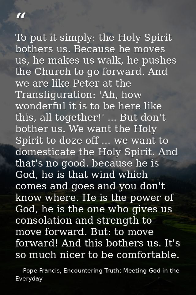 To put it simply: the Holy Spirit bothers us. Because he moves us, he makes us walk, he pushes the Church to go forward. — Pope Francis, Encountering Truth: Meeting God in the Everyday