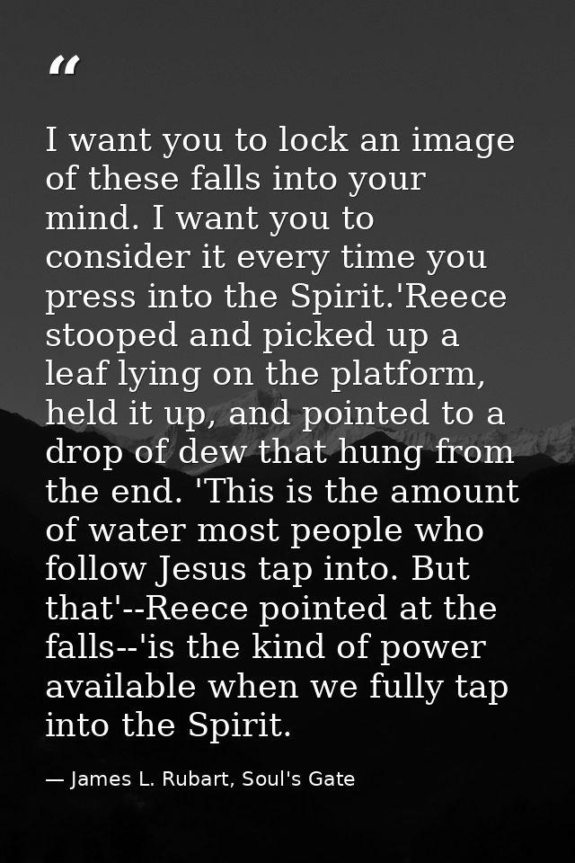 I want you to lock an image of these falls into your mind. I want you to consider it every time you press into the Spiri — James L. Rubart, Soul's Gate