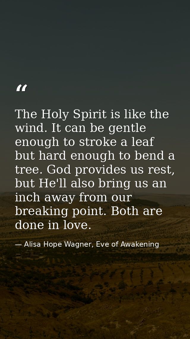 The Holy Spirit is like the wind. It can be gentle enough to stroke a leaf but hard enough to bend a tree. God provides  — Alisa Hope Wagner, Eve of Awakening