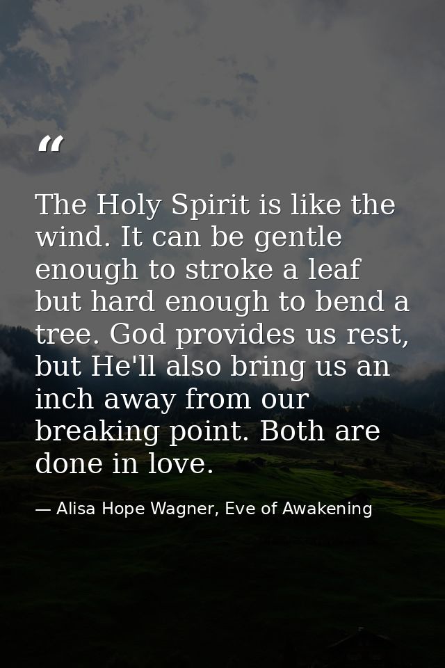 The Holy Spirit is like the wind. It can be gentle enough to stroke a leaf but hard enough to bend a tree. God provides  — Alisa Hope Wagner, Eve of Awakening